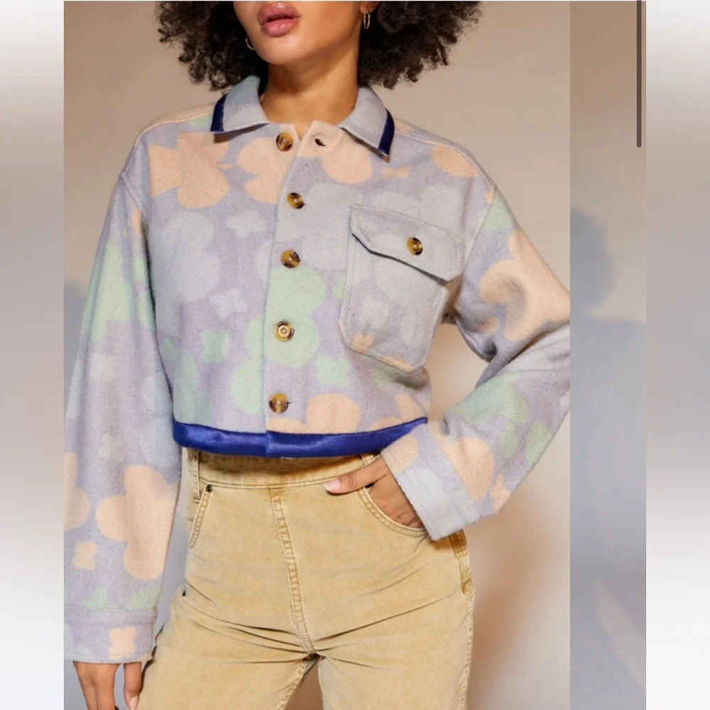 Kimchi Blue Urban Outfitters Floral Shacket jacket crop blue purple green pocket - Picture 2 of 6